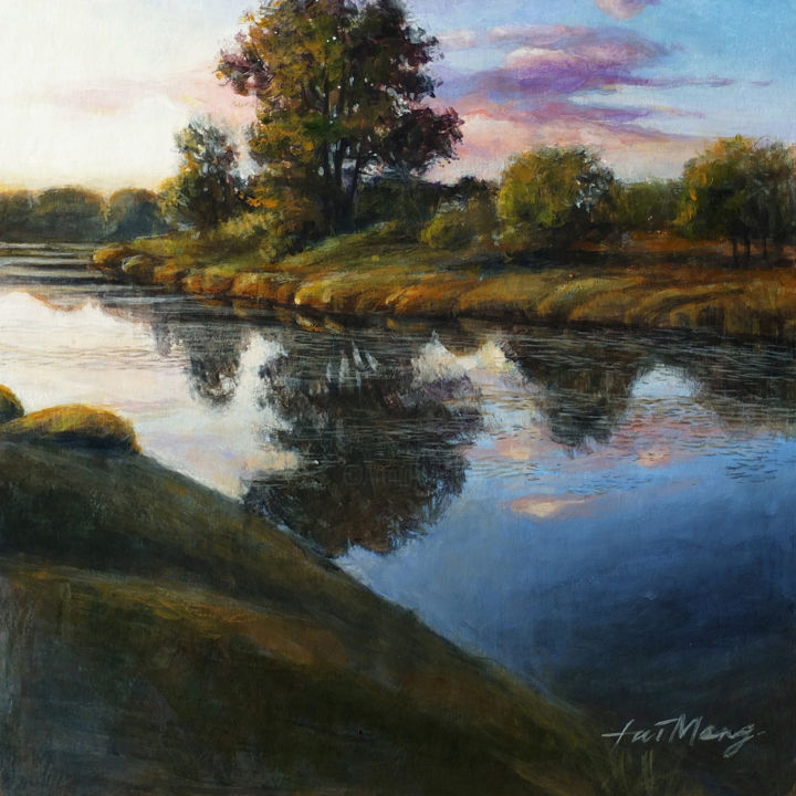 Painting titled "Lake shore in the e…" by Taimeng Lim, Original Artwork, Acrylic