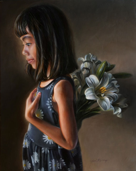 Painting titled "Daisies and Lilies" by Taimeng Lim, Original Artwork, Oil