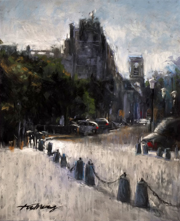 Malerei mit dem Titel "Quiet Street" von Taimeng Lim, Original-Kunstwerk, Pastell