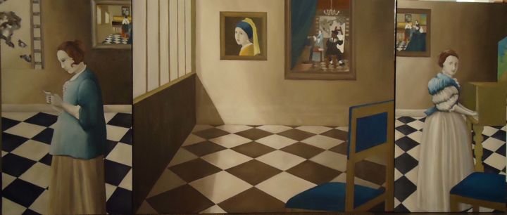 Painting titled "Hommage à Vermeer" by Edith Taioni, Original Artwork, Oil