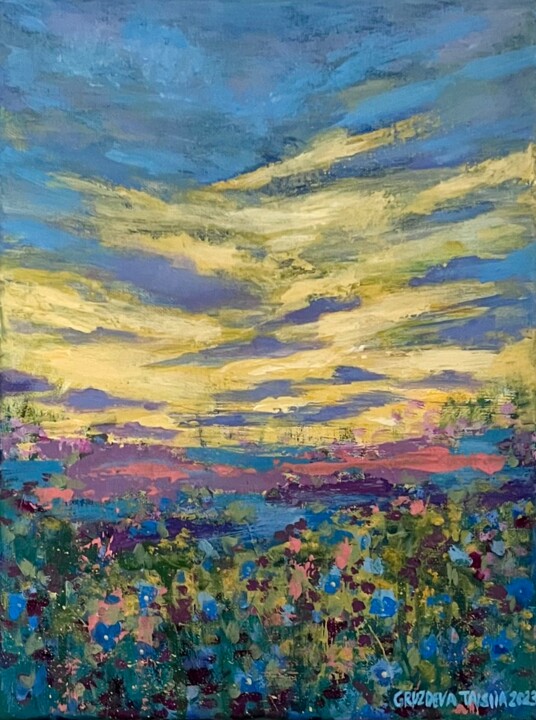 Painting titled "Flower field at dawn" by Taisiia Gruzdeva, Original Artwork, Acrylic Mounted on Wood Stretcher frame