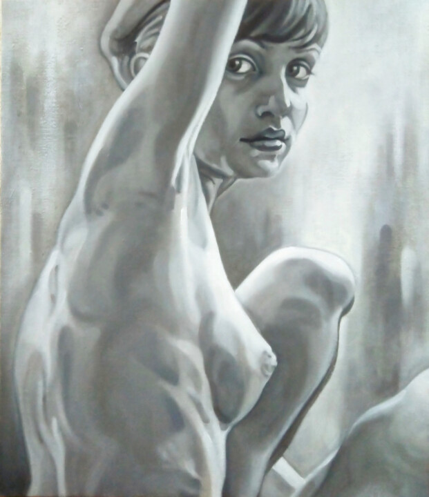 Painting titled "Beauty looking back…" by Takuart, Original Artwork, Oil Mounted on Wood Stretcher frame