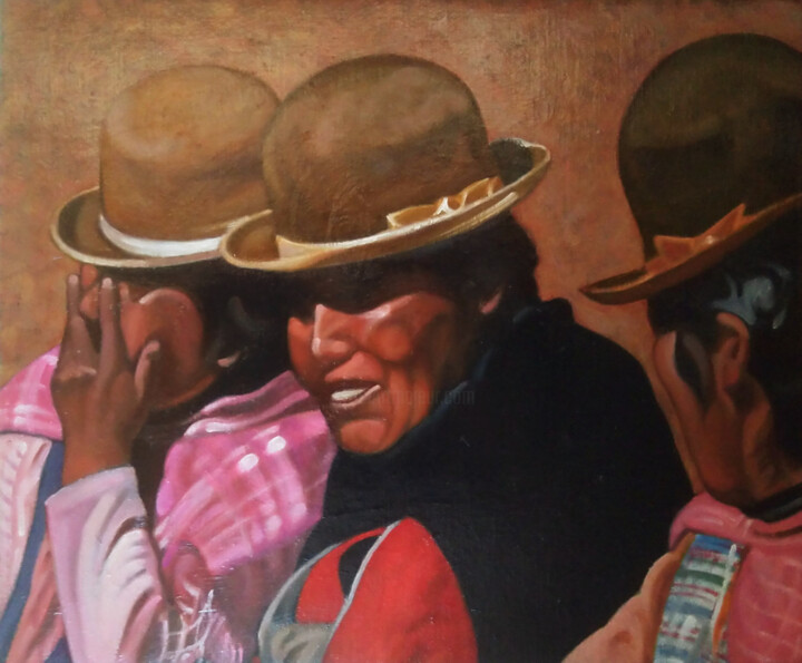 Painting titled "En el mercado" by Takuart, Original Artwork, Oil Mounted on Wood Stretcher frame