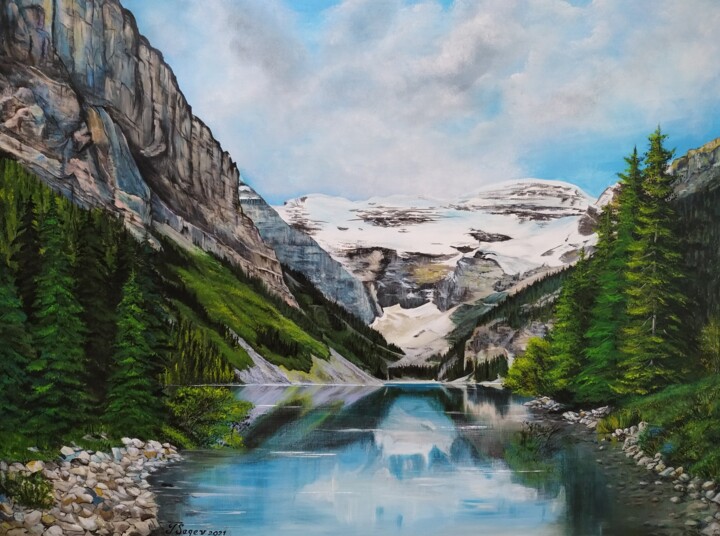 「Lake Louise, Alberta」というタイトルの絵画 Tali Segevによって, オリジナルのアートワーク, アクリル ウッドストレッチャーフレームにマウント