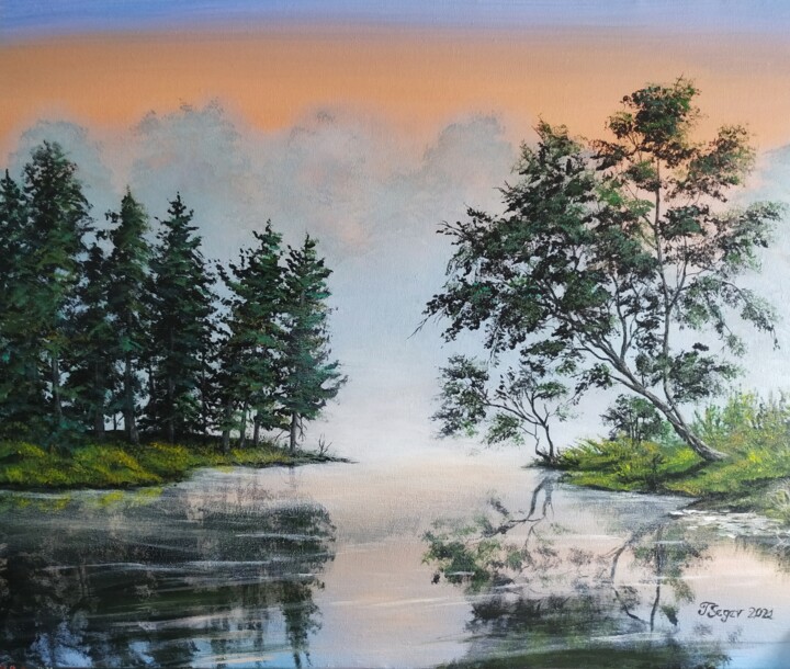 Malarstwo zatytułowany „Foggy morning” autorstwa Tali Segev, Oryginalna praca, Akryl Zamontowany na Drewniana rama noszy