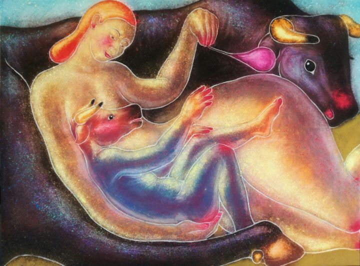 Peinture intitulée "Maternidad" par Juan Rivero, Œuvre d'art originale, Autre