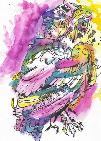 Peinture intitulée "Colourful owl" par Talya Baguette, Œuvre d'art originale, Encre