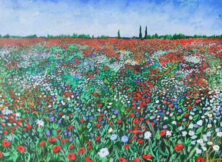 Painting titled "Field of poppies" by Tam Nightingale, Original Artwork, Acrylic Mounted on Wood Stretcher frame