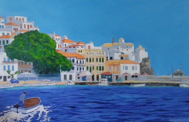 Painting titled "Skopelos" by Tam Nightingale, Original Artwork, Acrylic Mounted on Wood Stretcher frame