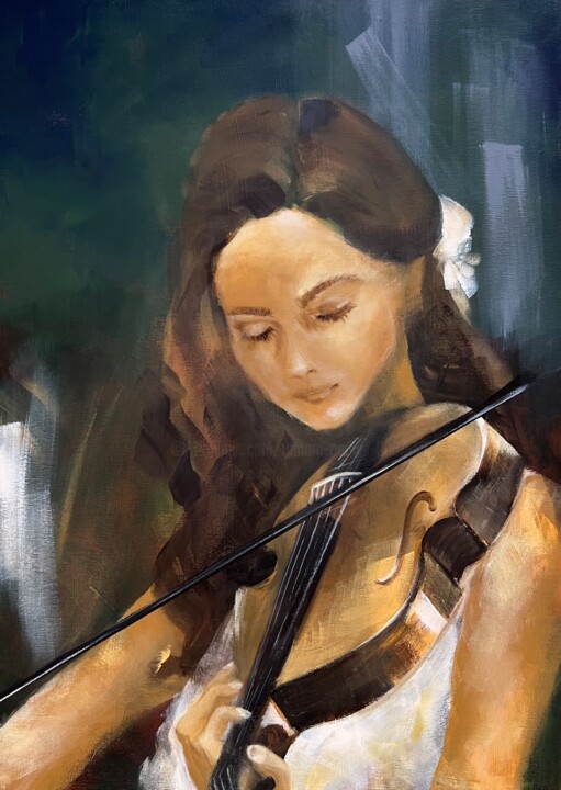 Peinture intitulée "Girl with the violin" par Tamara Andjus, Œuvre d'art originale, Acrylique