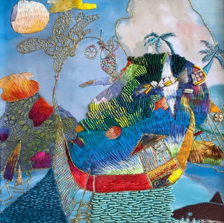 Arte textil titulada "Тропический сон" por Tamara&Anna Semenenko, Obra de arte original, Bordado Montado en Cartulina
