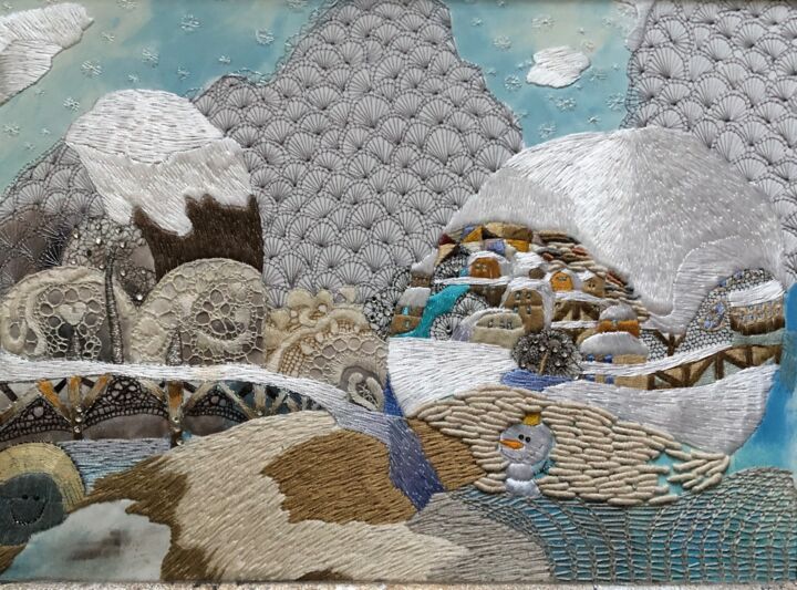 Art textile intitulée "Снежность" par Tamara&Anna Semenenko, Œuvre d'art originale, Broderie Monté sur Carton