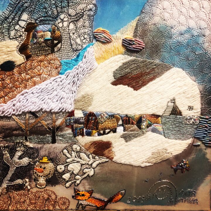 Art textile intitulée "Ворона и лисица." par Tamara&Anna Semenenko, Œuvre d'art originale, Broderie Monté sur Carton