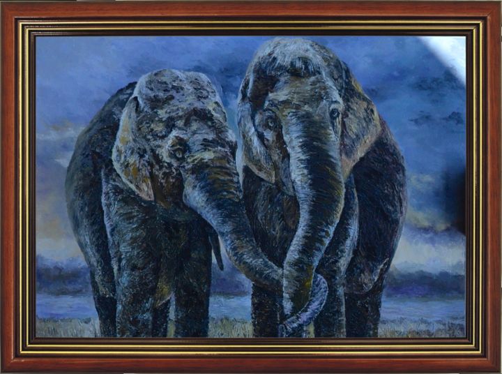 Schilderij getiteld "Love. Elephants" door Kometa Mara, Origineel Kunstwerk, Olie