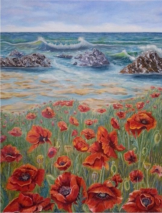 Painting titled "Poppy field" by Kometa Mara, Original Artwork, Oil