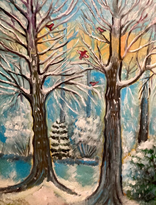 Malerei mit dem Titel "Winter in Wald" von Tamara Michel, Original-Kunstwerk, Öl Auf Keilrahmen aus Holz montiert