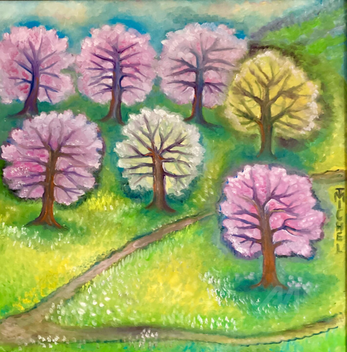 Painting titled "Frühling" by Tamara Michel, Original Artwork, Oil Mounted on Wood Stretcher frame