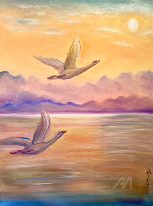 Painting titled "In Flug" by Tamara Michel, Original Artwork, Oil Mounted on Wood Stretcher frame