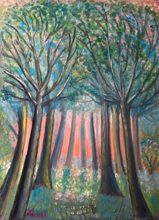Painting titled "In Wald" by Tamara Michel, Original Artwork, Oil Mounted on Wood Stretcher frame