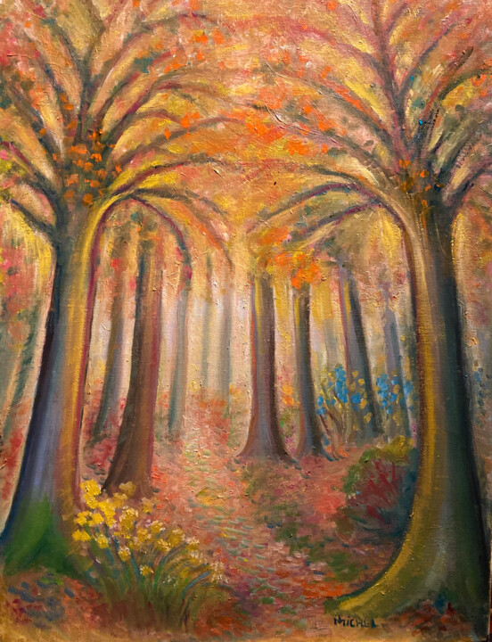 Painting titled "Herbstlicher Wald" by Tamara Michel, Original Artwork, Oil