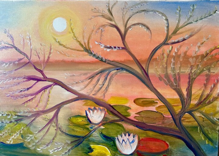 Painting titled "Sonnenaufgang bei S…" by Tamara Michel, Original Artwork, Oil Mounted on Wood Stretcher frame