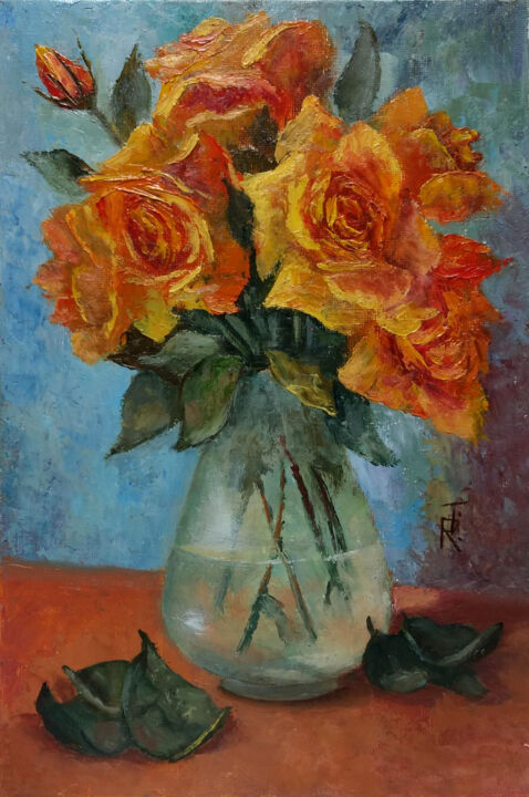 Painting titled "Orange rose" by Tamara Rozinskay, Original Artwork, Oil