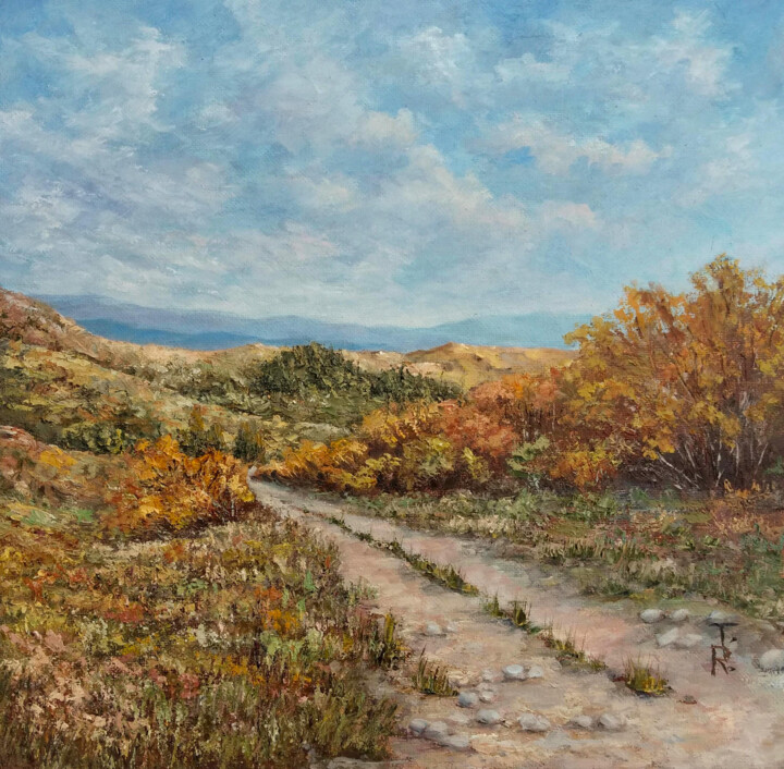 Painting titled "Over the hill" by Tamara Rozinskay, Original Artwork, Oil Mounted on Cardboard