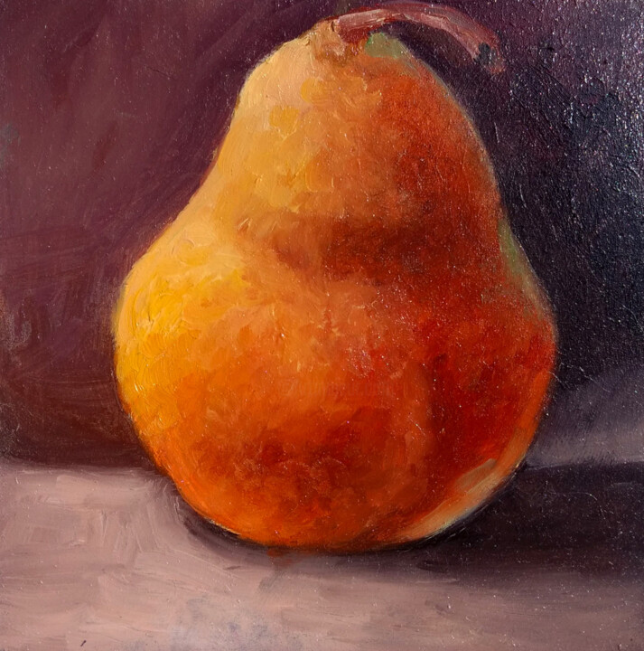 Painting titled "Delicious pear" by Tamara Rozinskay, Original Artwork, Oil Mounted on Cardboard
