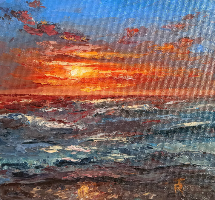 Peinture intitulée "Ocean Serenade. Red…" par Tamara Rozinskay, Œuvre d'art originale, Huile Monté sur Carton