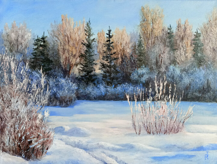 Painting titled "Winter glory Forest…" by Tamara Rozinskay, Original Artwork, Oil Mounted on Wood Stretcher frame
