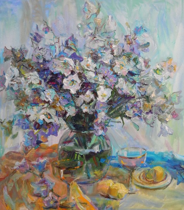 Painting titled "Bellflowers" by Tamara Chebotaru, Original Artwork, Oil