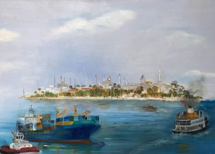 Peinture intitulée "Les bateaux du Bosp…" par Tamarine, Œuvre d'art originale, Huile Monté sur Châssis en bois