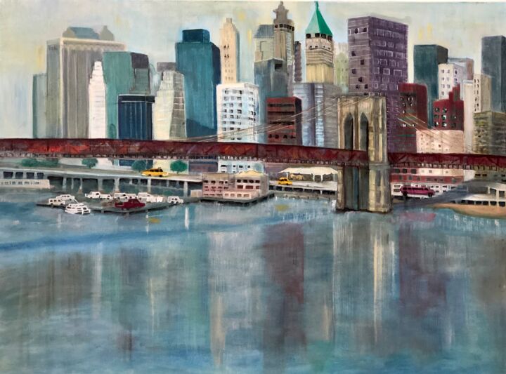 Peinture intitulée "Pont de Brooklyn" par Tamarine, Œuvre d'art originale, Huile Monté sur Châssis en bois