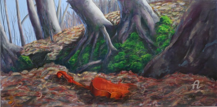 「Cello in het bos」というタイトルの絵画 Tamas Herczegによって, オリジナルのアートワーク, オイル