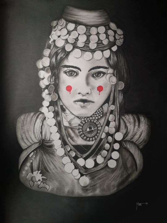 Painting titled "girl with red dots" by Tamás Haik, Original Art, Pastel