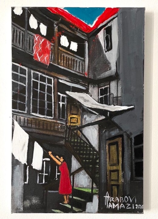 Painting titled "Tbilisi courtyard" by Tamazi Arabovi, Original Artwork, Acrylic Mounted on Wood Stretcher frame