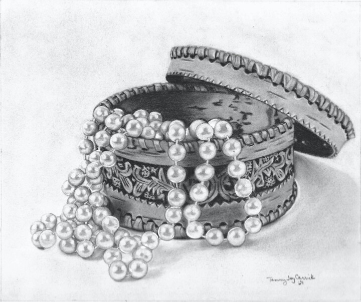 Tekening getiteld "Pearls" door Tammy Carrick, Origineel Kunstwerk, Houtskool
