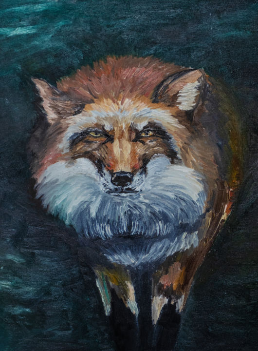Painting titled "Fox" by Tanya Solomaho, Original Artwork, Oil Mounted on Wood Stretcher frame