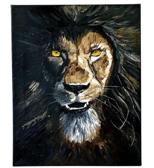Painting titled "Lion" by Tanya Solomaho, Original Artwork, Oil Mounted on Wood Stretcher frame