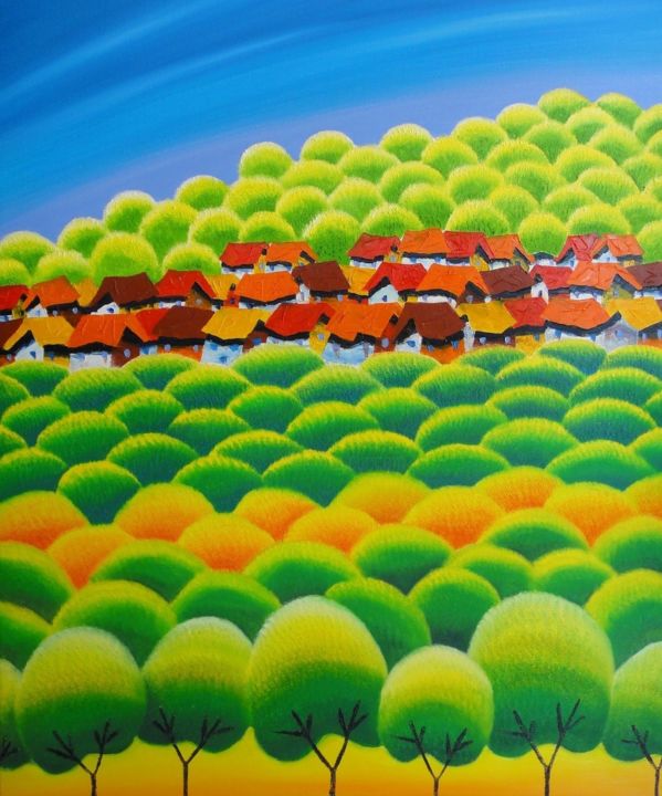 Pittura intitolato "Blossom village 2" da Tanghonglee, Opera d'arte originale