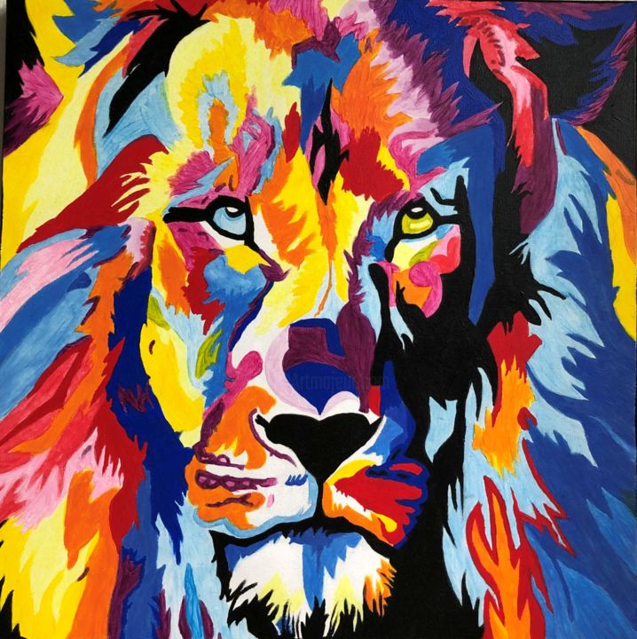 Painting titled "Colorful lion" by Tania Delfine, Original Artwork, Acrylic