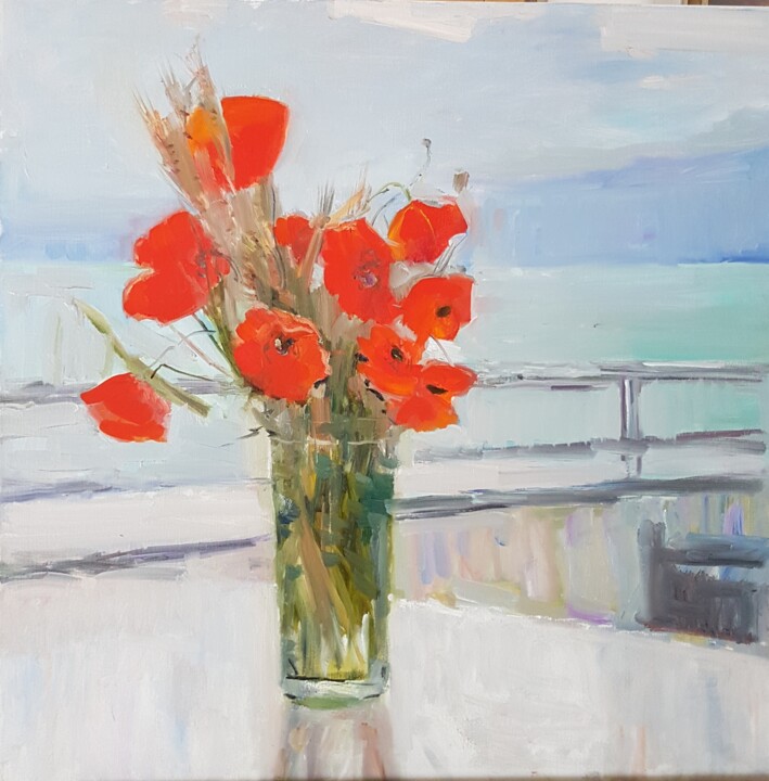 Painting titled "Poppies and sea" by Tania Kyriakidou, Original Artwork, Oil