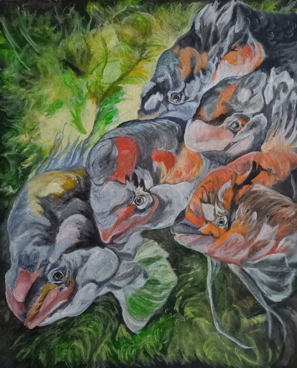Картина под названием "Аквариум.Серые рыбы." - Tania Timakova, Подлинное произведение искусства, Акрил