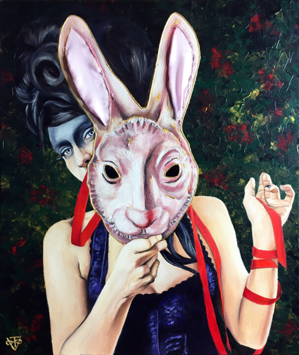 Painting titled "REBEL RABBIT" by V O S K R E S E N S K A Y A, Original Artwork, Acrylic Mounted on Wood Stretcher frame