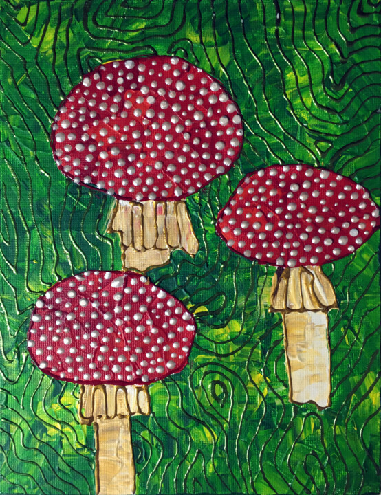 Painting titled "AMANITA MUSKARIA" by V O S K R E S E N S K A Y A, Original Artwork, Acrylic Mounted on Cardboard