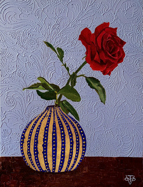Painting titled "RED ROSE, BLUE VASE" by V O S K R E S E N S K A Y A, Original Artwork, Acrylic Mounted on Wood Stretcher fr…