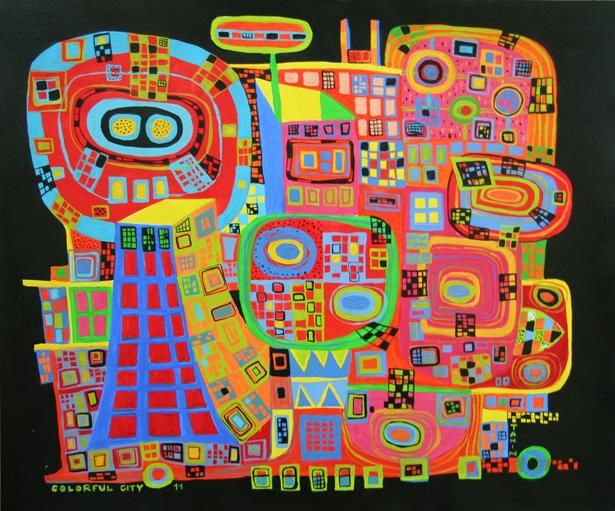 Painting titled "Colorful City 11" by Tanin, Original Artwork