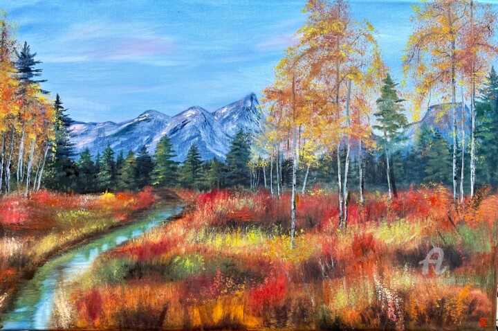 Painting titled "Autumn happy days -…" by Tanja Frost, Original Artwork, Oil Mounted on Wood Stretcher frame