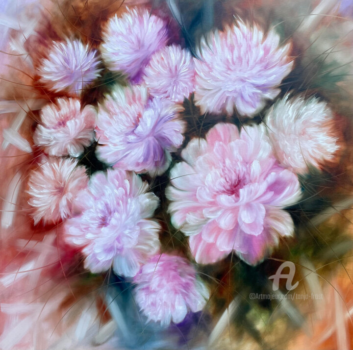 Painting titled "Creative peonies" by Tanja Frost, Original Artwork, Oil Mounted on Wood Stretcher frame