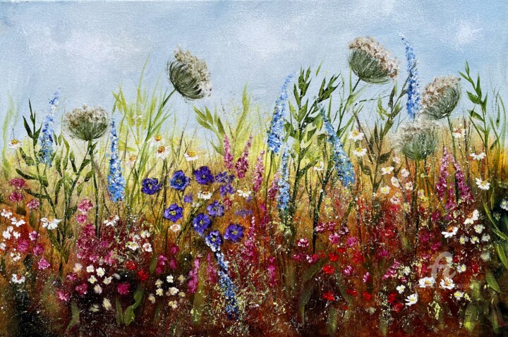 Painting titled "Best meadow flowers…" by Tanja Frost, Original Artwork, Oil Mounted on Wood Stretcher frame